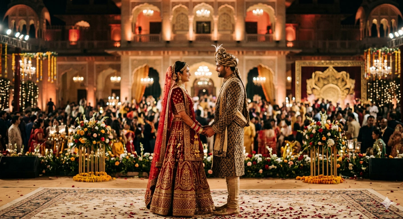 dramatic cinematic wide shot of a royal indian wedding couple